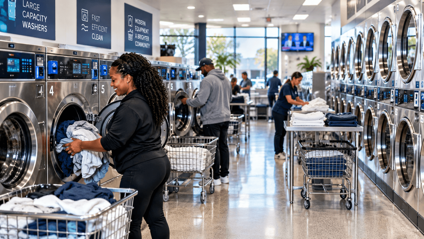 Customers and modern equipment inside a laundromat
